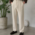 Cream Textured Pleated Pants