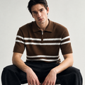Brown Ribbed Knit Striped Polo Shirt