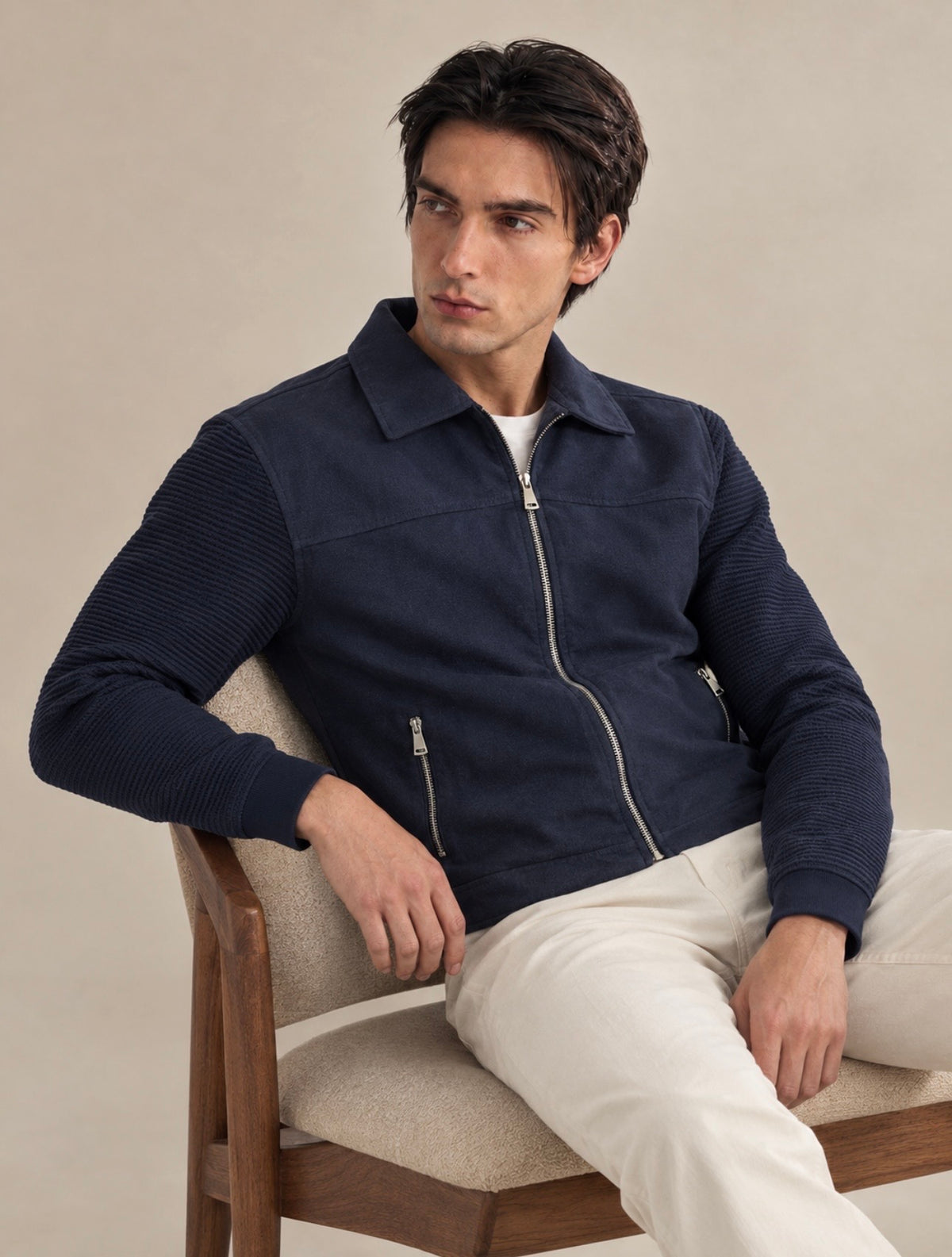 Navy Blue Textured Zip-Up Bomber Jacket