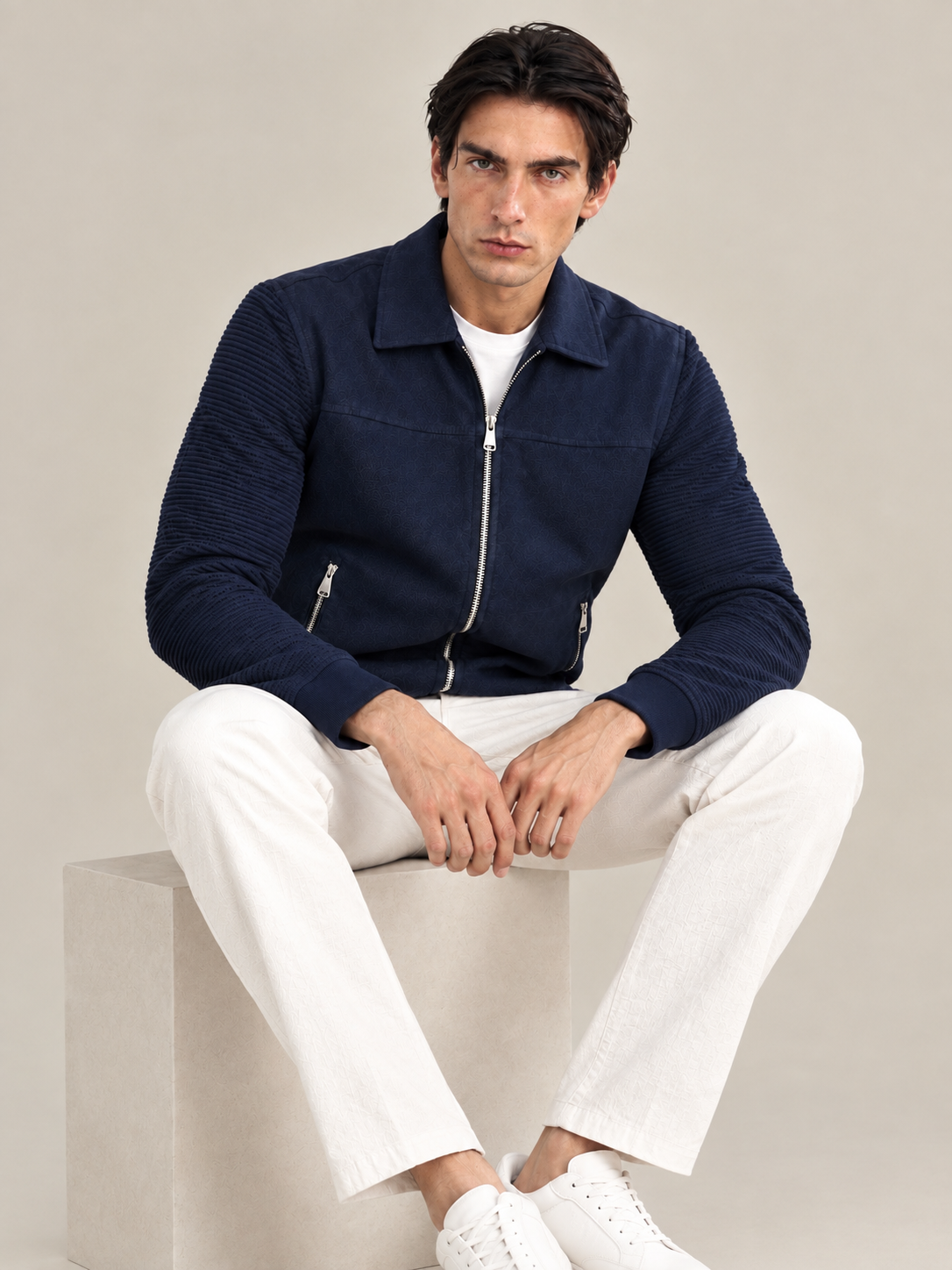 Navy Blue Textured Zip-Up Bomber Jacket