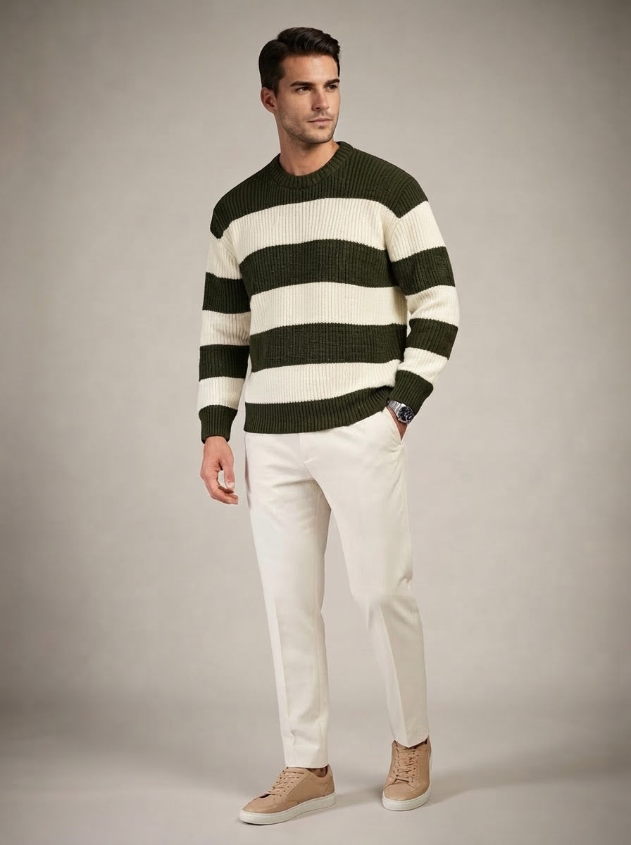Green and White Striped Sweater