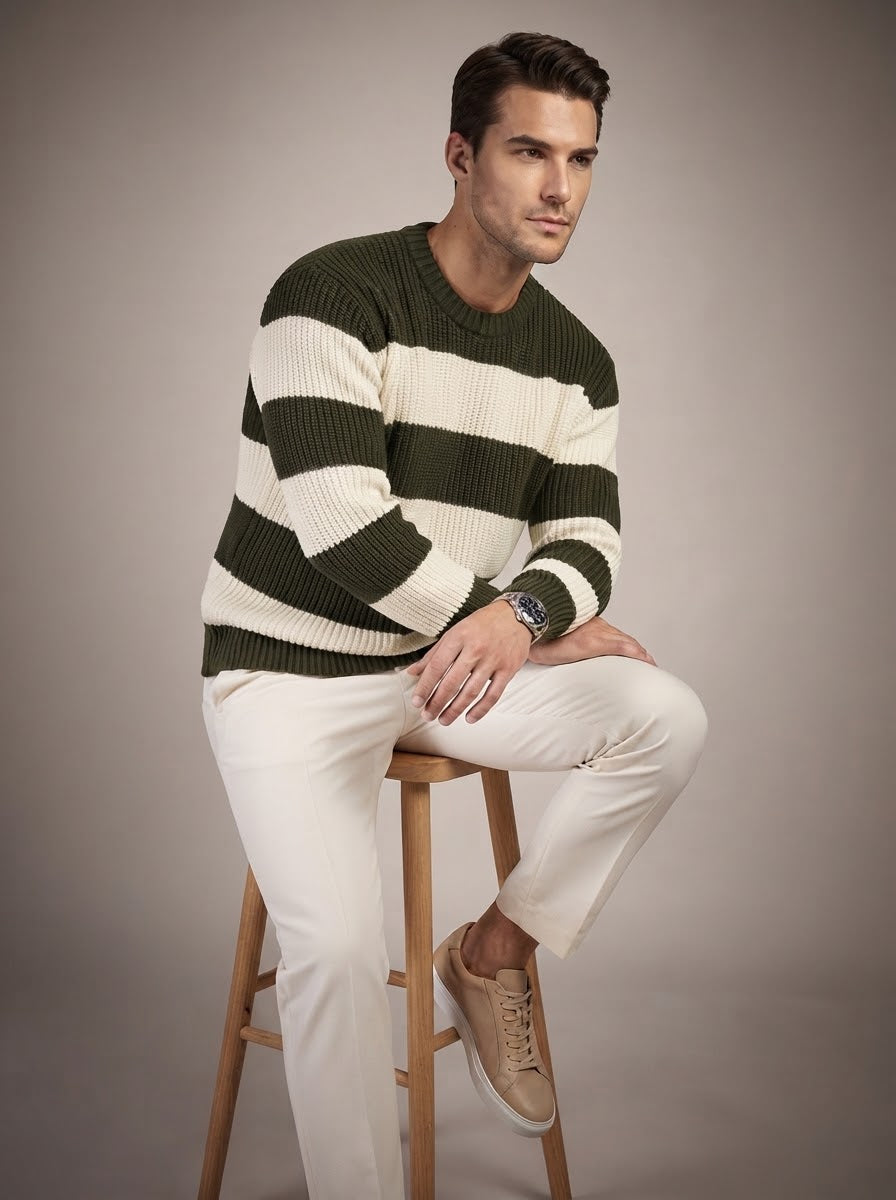 Green and White Striped Sweater