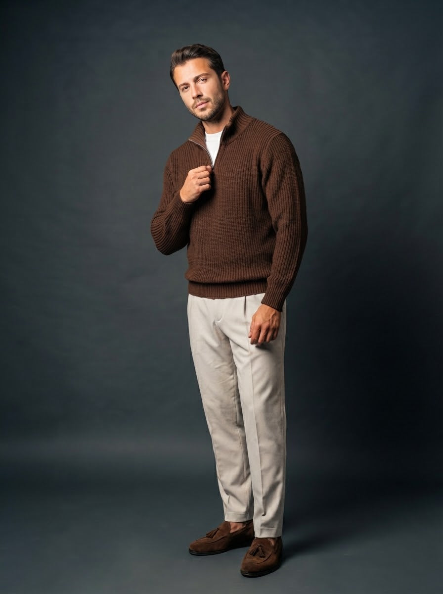 Brown Zip Knit Sweater