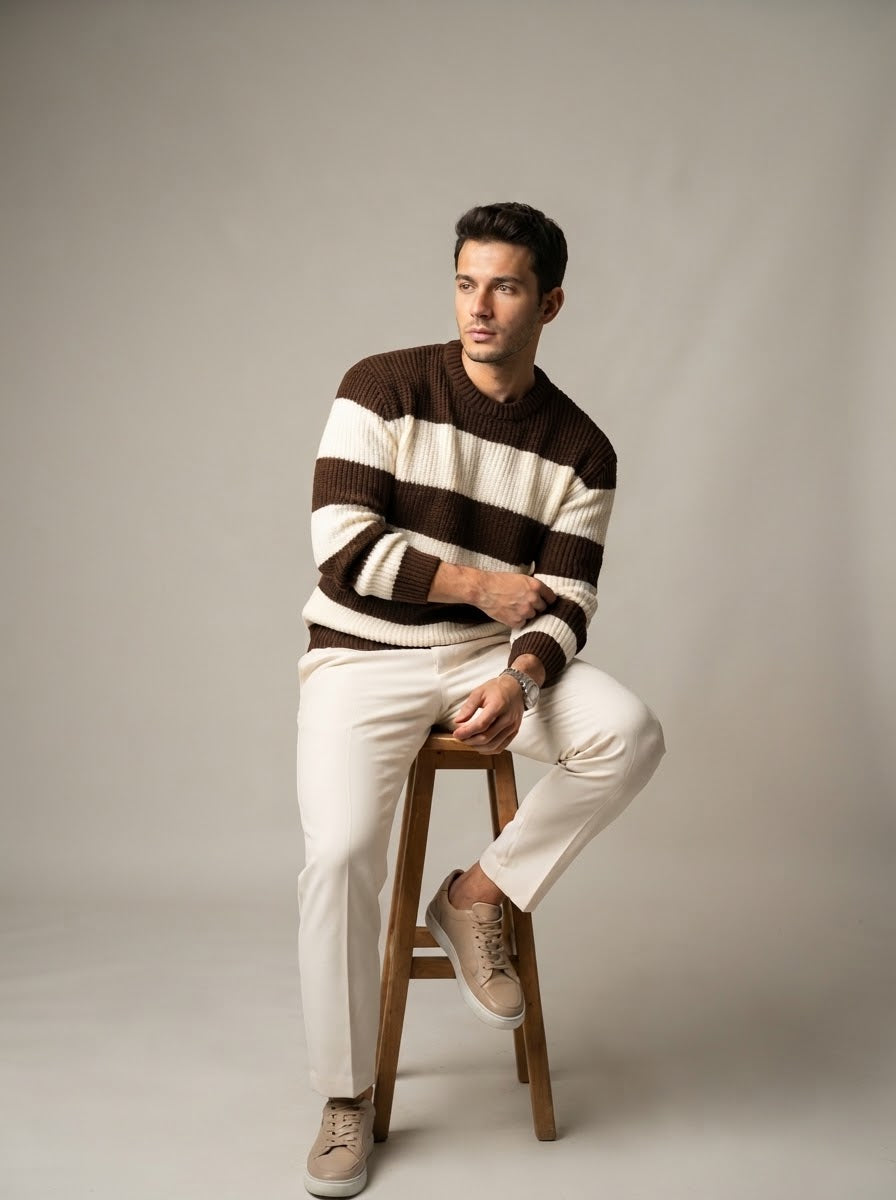 Brown and White Striped Sweater
