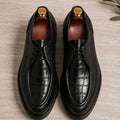 Black Croc-Texture Leather Derby Shoes